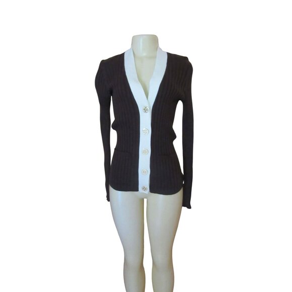 Tory Burch Ribbed Cotton Brown & Cream Button Down Cardigan S - Picture 2 of 7